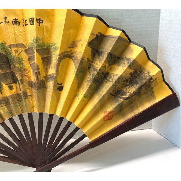 Vintage Chinese Folding Hand Fan Asian Village Scene 22" Span - Picture 7 of 10